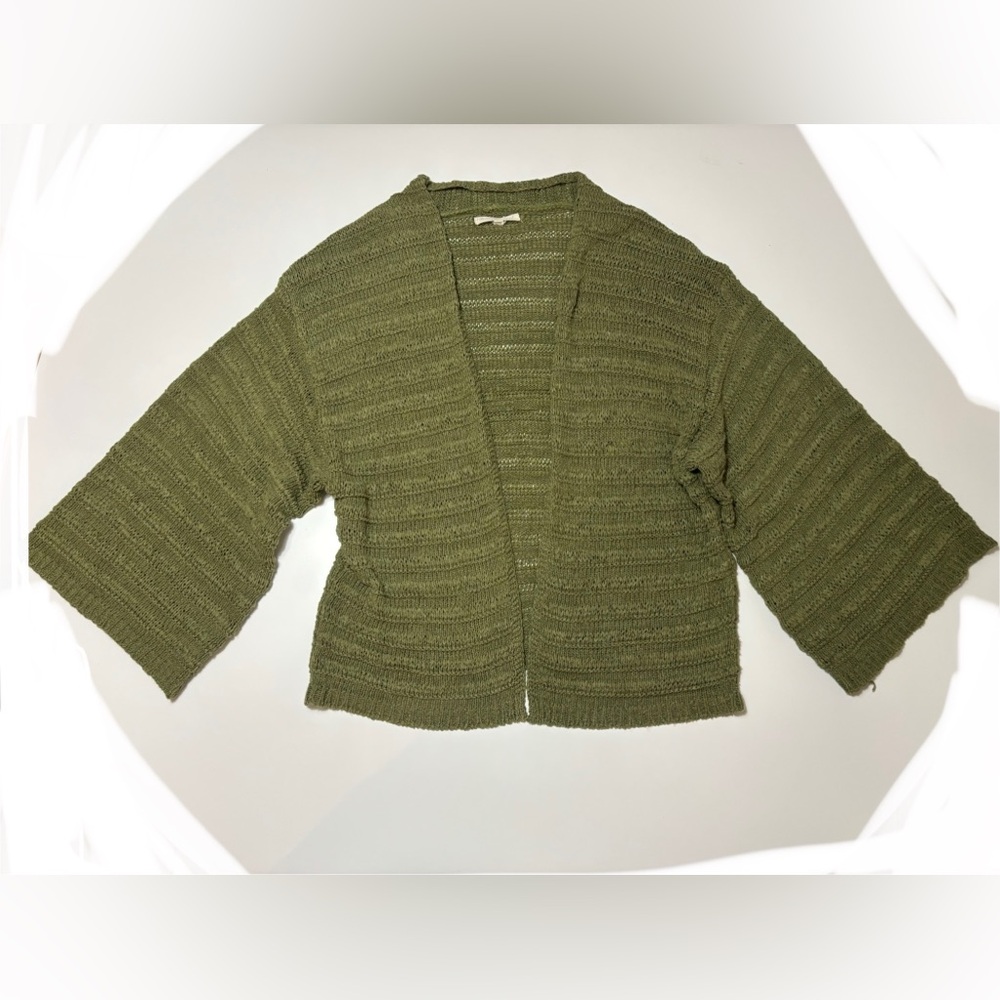Olive Green Open-Front Knit Sweater Jacket